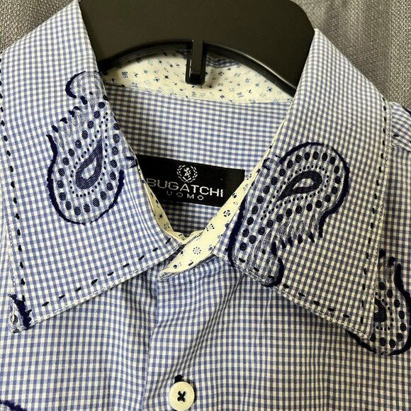 Bugatchi Uomo Button Shirt Mens Size XL Flip Cuff Blue Paisley Embroidered‎ GUC - Picture 3 of 9